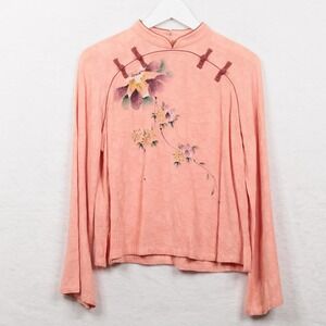 Oriental Asian Style Floral Top Mandarin Collar Frog Buttons Flare Sleeve Blouse